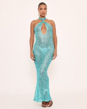 Halterneck Keyhole Cut Out Maxi Dress In Blue Sequin Fishnet, Women's Size UK 6