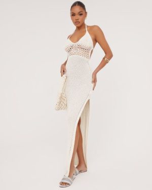 Halterneck Plunge Cut Out Detail Split Side Maxi Dress In Stone Crochet Knit, Women's Size UK Large L