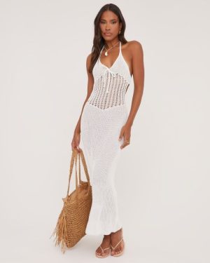 Halterneck Tie Back Maxi Dress In White Crochet Knit, Women's Size UK Large L
