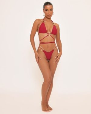 Hammered Ring Detail Strappy Triangle Bikini Set In Burgundy, Women's Size UK 6