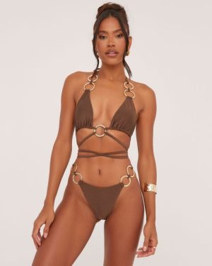Hammered Ring Detail Strappy Triangle Bikini Set In Dark Brown, Women's Size UK 4