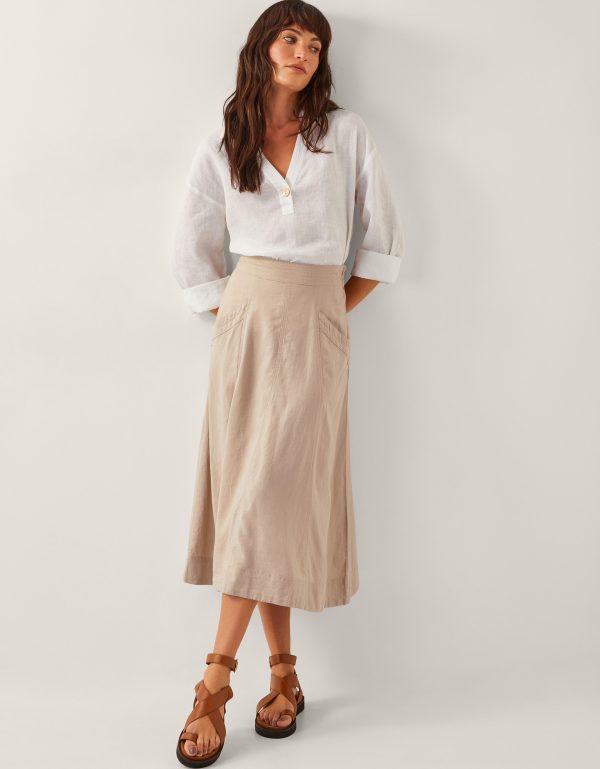 Harper Linen A-Line Midi Skirt Natural
