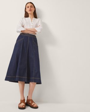 Harper Seamed Denim Midi Skirt Blue