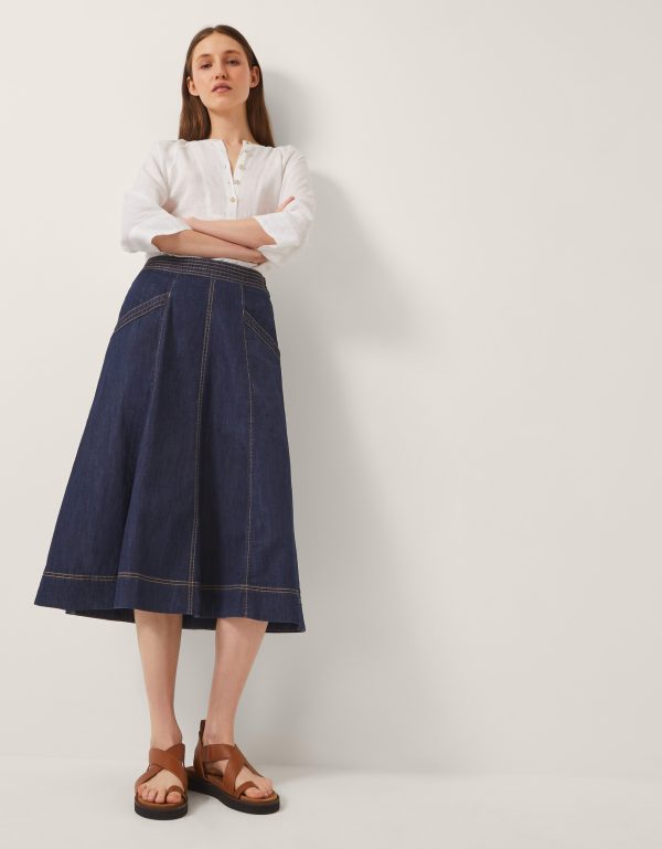 Harper Seamed Denim Midi Skirt Blue
