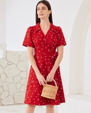 Heart Printed Wrap Dress In Red V-neck Short Sleeves Summer Midi Dress For Women 2025