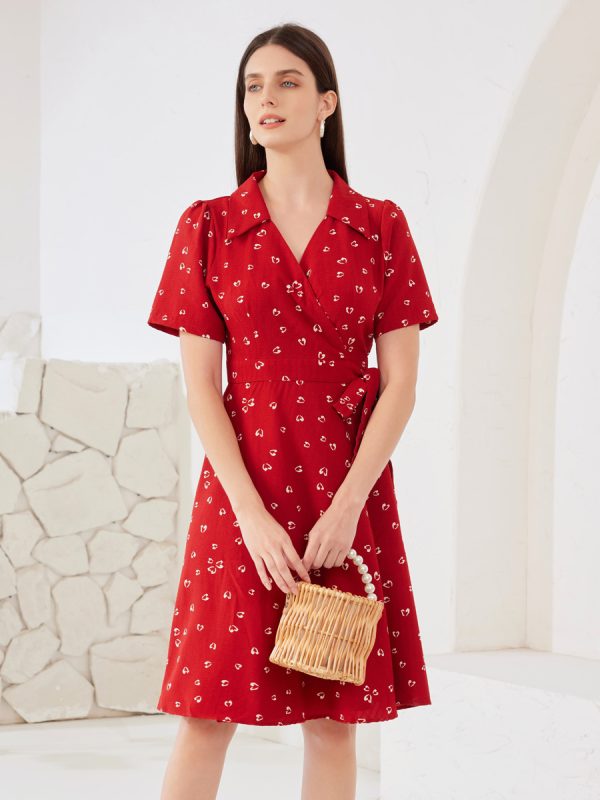 Heart Printed Wrap Dress In Red V-neck Short Sleeves Summer Midi Dress For Women 2025