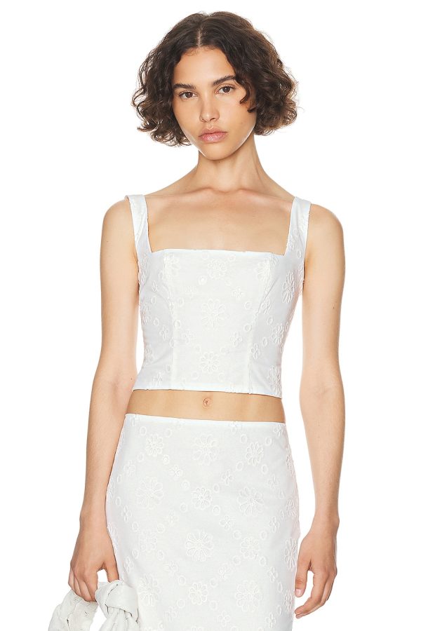 Helsa Eyelet Corset Top in Antique White - White. Size S (also in ).