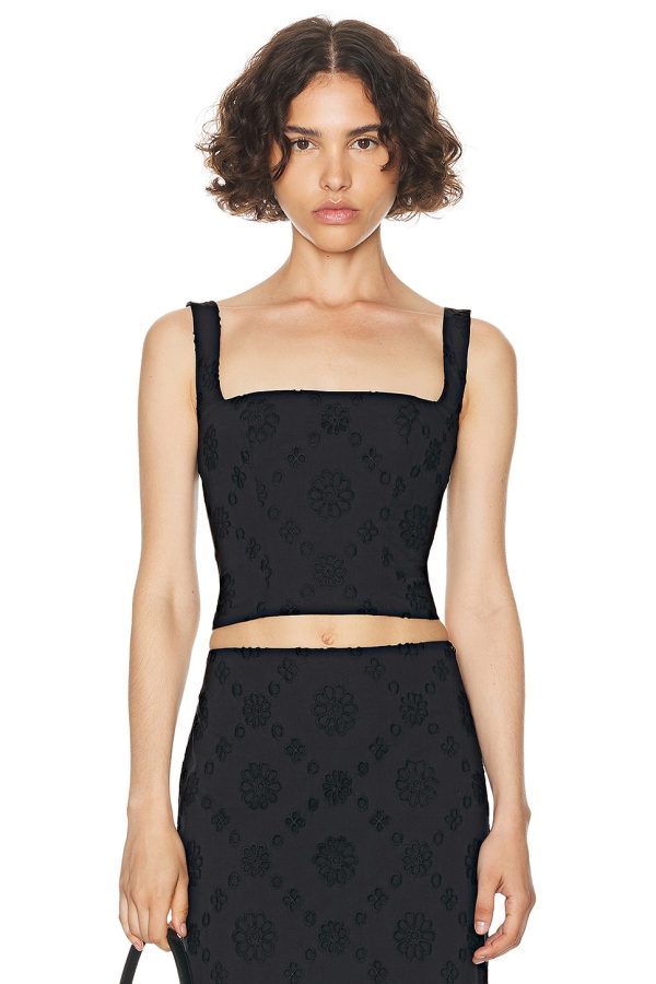 Helsa Eyelet Corset Top in Black - Black. Size M (also in S, XS, XXS).