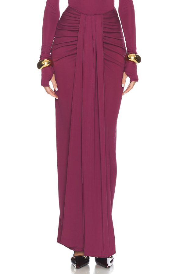 Helsa Matte Jersey Long Wrap Skirt in Cabernet - Wine. Size XS (also in XXS).
