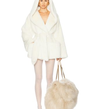 Helsa The Hooded Faux Fur Coat in White - White. Size L (also in M, S, XL).