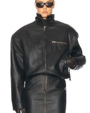 Helsa The Leather Oversized Moto Jacket in Black Distressed - Black. Size L (also in XL).