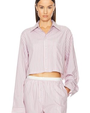 Helsa Wide Stripe Poplin Cropped Shirt in Mauve. Size M, S, XL.