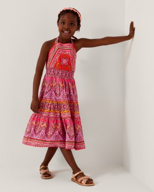 Heritage Print Halter Dress Orange