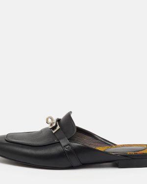 Hermès Black Leather Oz Flat Mules Size 38.5