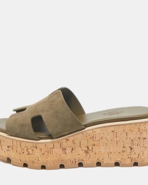 Hermes Green Suede Eze Cork Platform Wedge Sandals Size 38