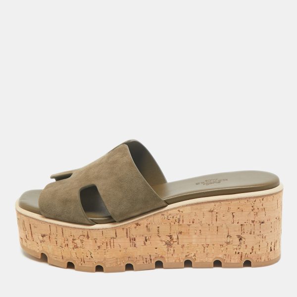 Hermes Green Suede Eze Cork Platform Wedge Sandals Size 38