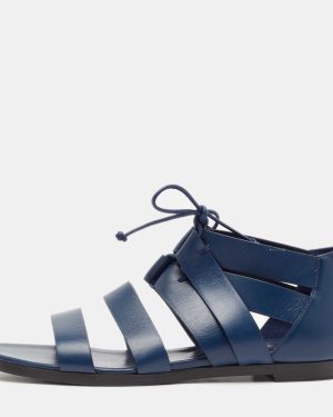 Hermes Navy Blue Leather Gladiator Flat Sandals Size 38.5