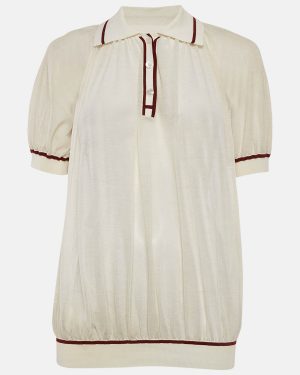Hermes White Cotton Knit Sheer Polo Top S