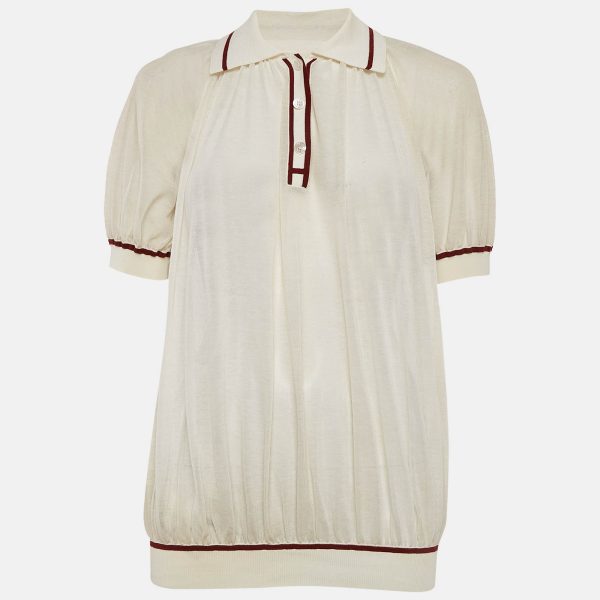 Hermes White Cotton Knit Sheer Polo Top S
