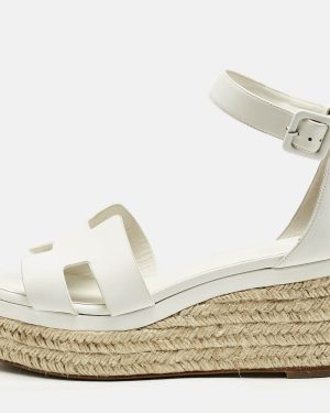 Hermes White Leather Ilana Espadrille Wedge Sandals Size 39