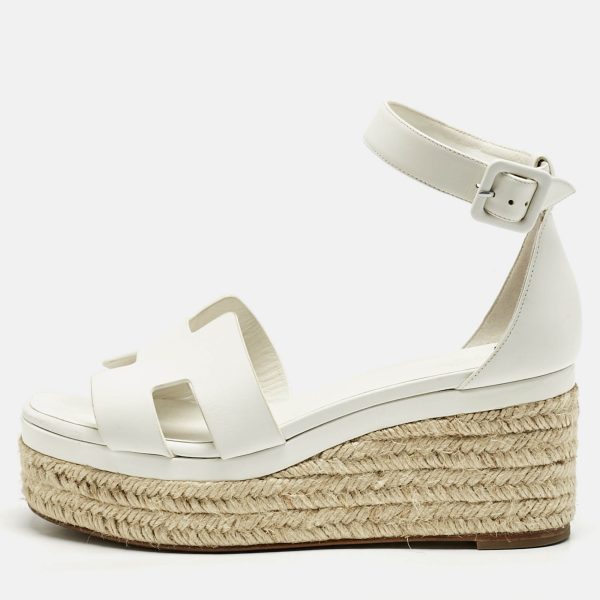 Hermes White Leather Ilana Espadrille Wedge Sandals Size 39