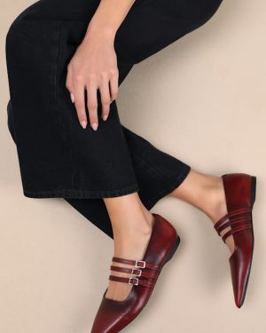 Hermine Red Leather Strappy Buckle Ballet Flats
