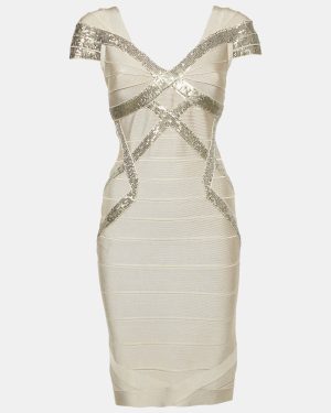 Herve Leger Beige/Khaki Sequin Embellished Knit Bandage Dress S