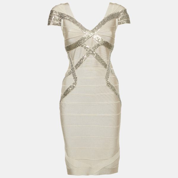 Herve Leger Beige/Khaki Sequin Embellished Knit Bandage Dress S