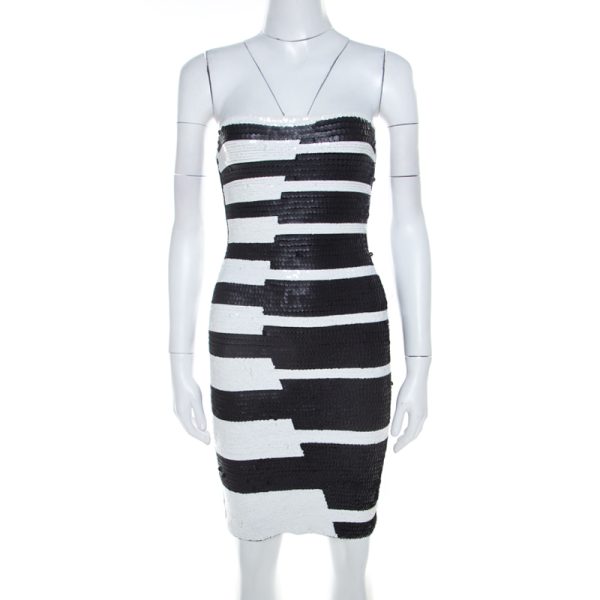 Hervé Leger Black and White Sequined Piano Strapless Cocktail Dress XS