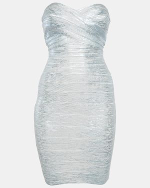 Herve Leger Blue Coated Knit Strapless Bandage Dress XS