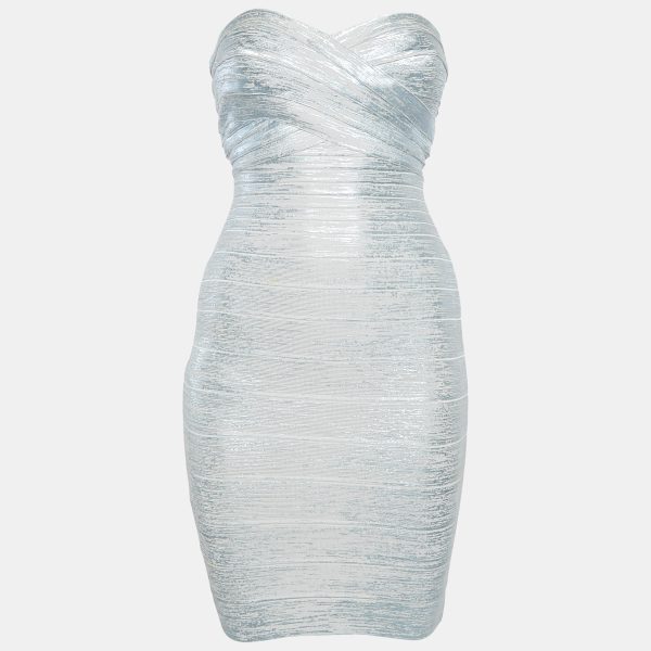 Herve Leger Blue Coated Knit Strapless Bandage Dress XS