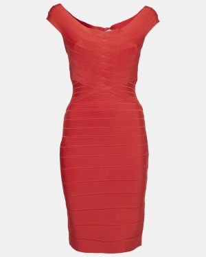 Herve Leger by Max Azria Red Knit Off-Shoulder Bandage Dress M