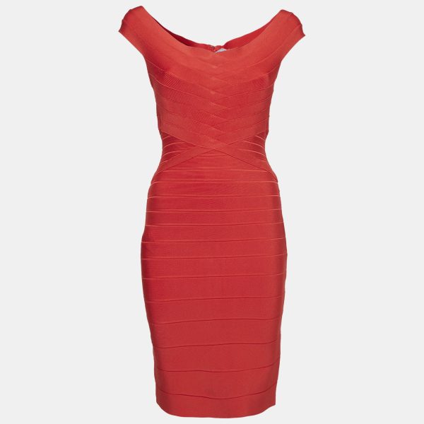 Herve Leger by Max Azria Red Knit Off-Shoulder Bandage Dress M
