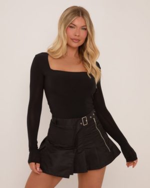 High Belted Waist Zip Detail Pleated Mini Skirt In Black Woven, Women's Size UK 6