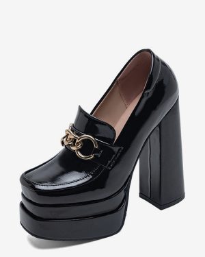 High Heel Loafers Platform Square Toe Chain Detain Chunky Heel Pumps