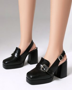 High Heel Loafers Square Toe Buckle Detail Slingback Pumps For Women