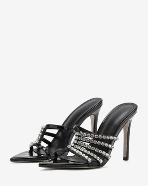 High Heel Mules Open Toe Rhinestones Stiletto Heel Slingback Pumps