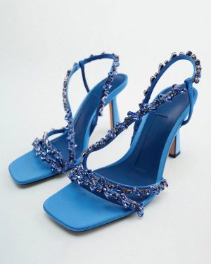 High Heel Sandals Blue PU Leather Beaded Prom shoes Women Homecoming Shoes