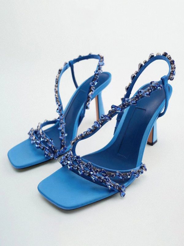 High Heel Sandals Blue PU Leather Beaded Prom shoes Women Homecoming Shoes