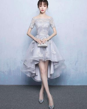 High Low Homecoming Dress Lace Prom Dress 2025 Off The Shoulder Light Grey Applique Short Sleeve A Line Asymmetrical Graduation Dress