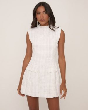 High Neck Pocket Detail A-Line Mini Dress In White Boucle, Women's Size UK 6