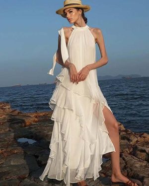 High Slit Sleeveless Layered Maxi Dress For Summer Beach 2025