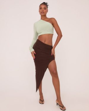 High Waist Double Layer Ruched Asymmetric Maxi Skirt In Chocolate Brown Slinky, Women's Size UK 6