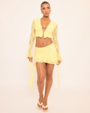 High Waist Frill Detail Mini Skirt In Yellow Lace, Women's Size UK 6