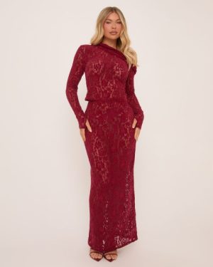 High Waist Maxi Skirt In Burgundy Velvet Lace, Women's Size UK 6