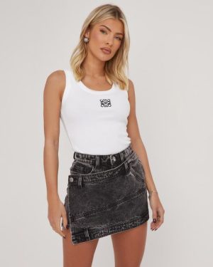 High Waist Wrap Over Detail Mini Skirt In Charcoal Grey Acid Wash Denim, Women's Size UK 4