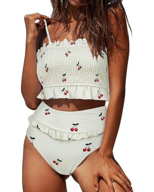 High Waisted Bikini Set For Women Strapless Bikini Bandeau Ruffled Bikini Padded 2 Piece Qxuan