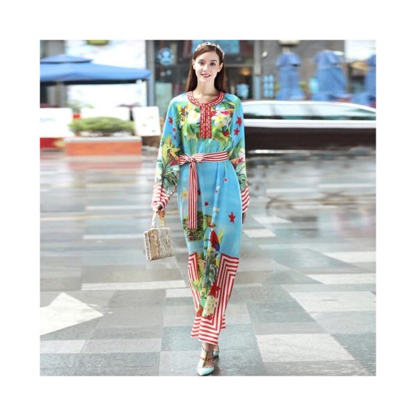 High quality fashion print Loose Casual long dress New women 2017 Full sleeves Beading summer runway maxi dress