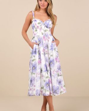 Hillela Ivory Floral Ruffled Lace-Up Midi Skater Dress