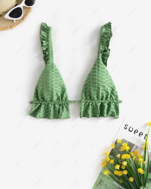 Honeycomb Textured Ruffle Bikini Top M Deep green